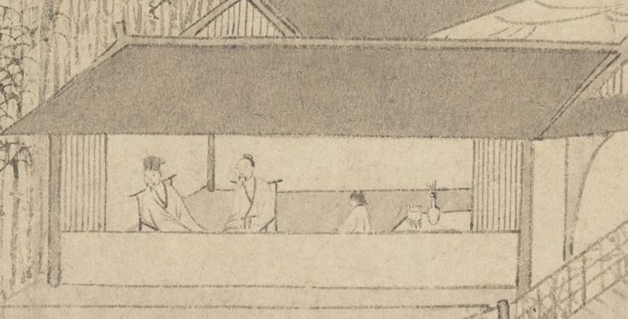 Detail of an ink drawing on pale paper: an open-sided garden hall under a tiled roof, two seated scholars talking across a low balustrade with an attendant beside them, and a dense bamboo grove rising behind.