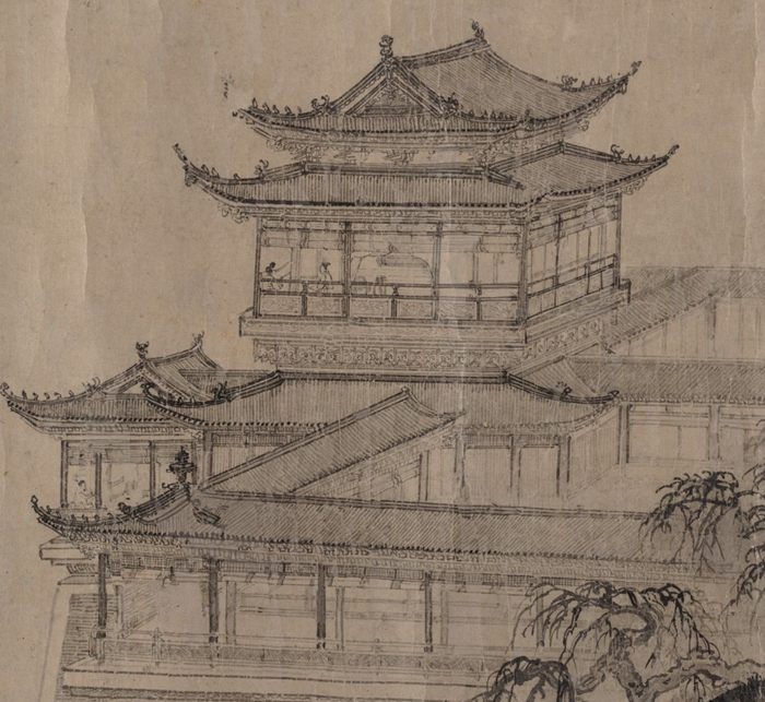 Detail of an ink drawing on paper: a tall many-tiered pavilion with sweeping tiled roofs and railed galleries, drawn in fine line, rising above pines.