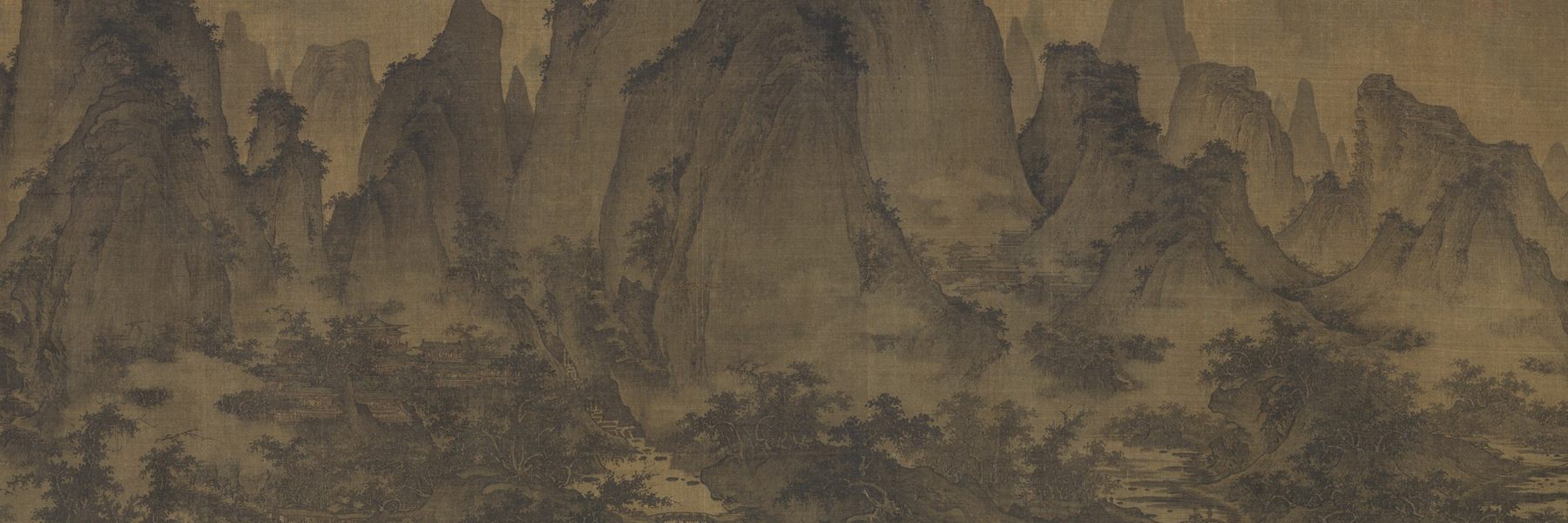 An ink landscape on aged silk: layered mountain peaks receding into mist, with temple roofs half-hidden among trees in the valley below and a river threading through the foreground.