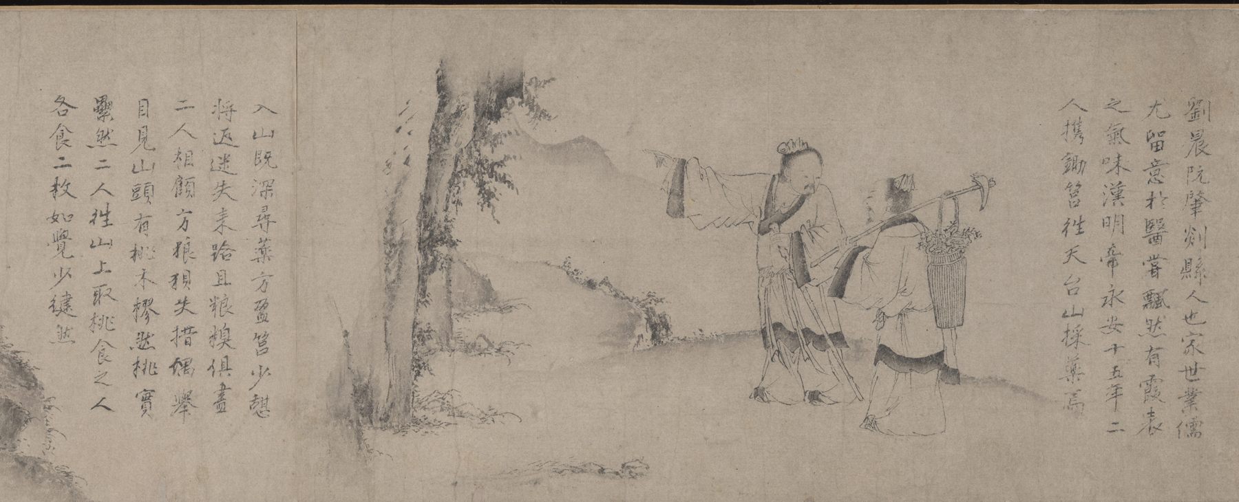 A passage from an ink handscroll on pale paper: two men in robes walk to the right along a bare hillside, the leading one raising an arm to point the way, the second shouldering a hoe with a basket slung from it. A tall bare tree stands at the left and a low misty ridge lies behind them, with columns of brushed inscription flanking the scene on both sides.