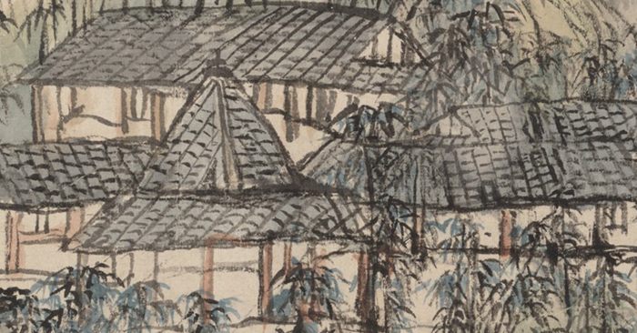 Detail of an ink and colour landscape: tiled roofs of a scholar's retreat set among dense stands of bamboo and pine, with rockwork and a low wall below.