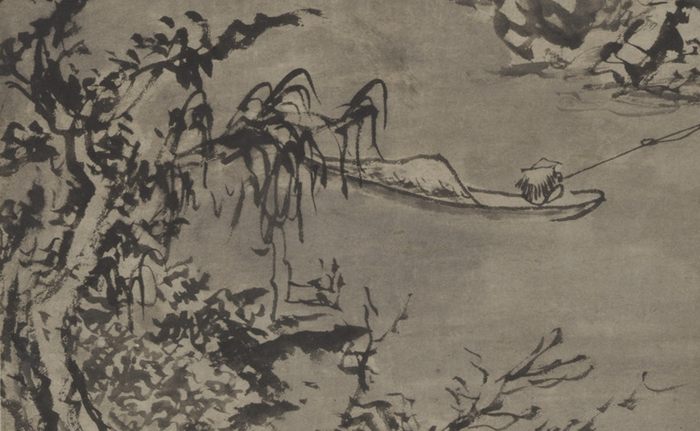 Detail of a wet-ink winter landscape: a single small boat with one standing figure poling it across pale open water, framed by bare overhanging branches.