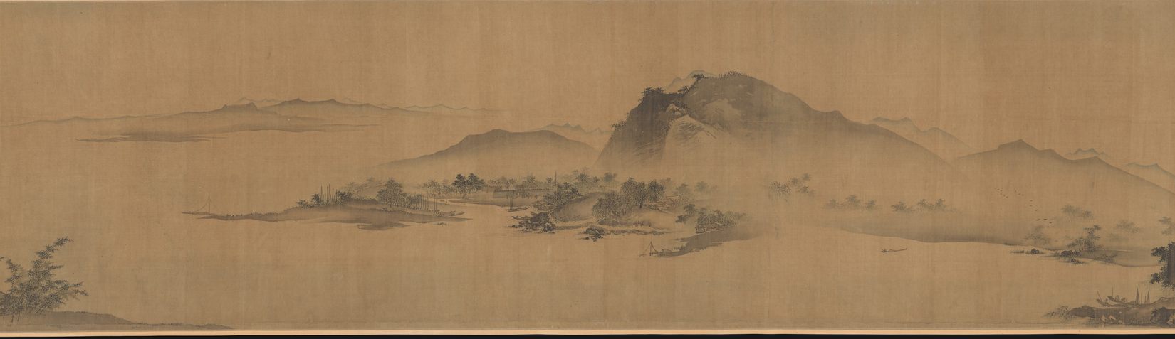 A wide ink landscape on silk: a broad calm river with low wooded islands, a dark bluff rising behind them, small boats on the water, and range behind range of hills fading into mist toward the horizon.